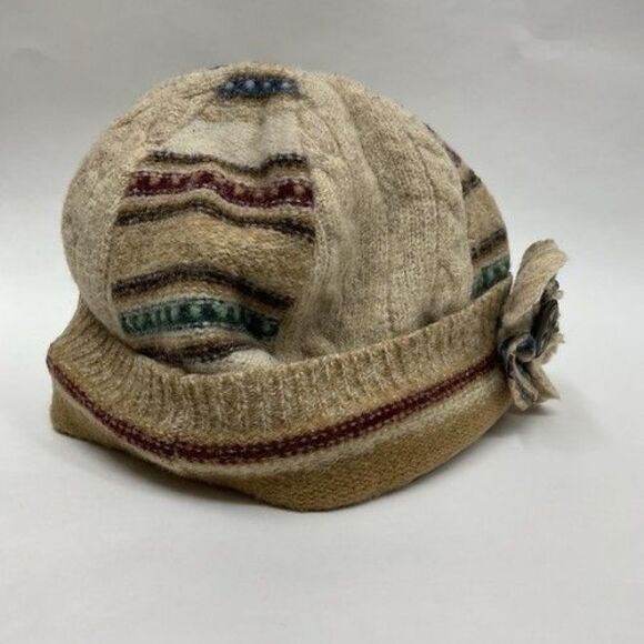 Wiki Wool Works Walking Hat Patch Work Beanie Beige Recycled Wool Women One Size